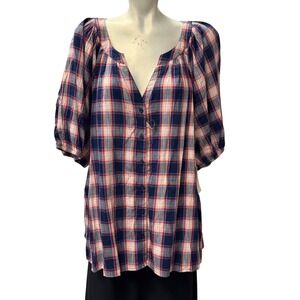 Saint John's‎ Bay 3X Plaid Button Down Shirt 3/4 Sleeve Hidden Button Casual Top
